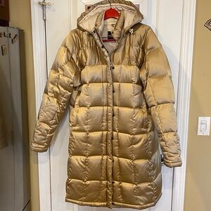 The North Face Goose Down Gold Shimmer Logo Puffer Coat Double Zip